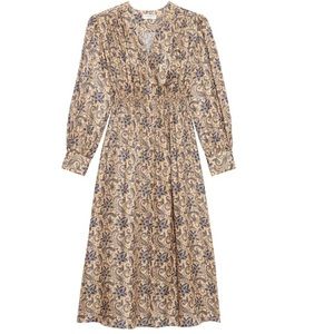 Sandro Sublime Paisley Midi Dress in Gold/Blue. Size 40 (US L).